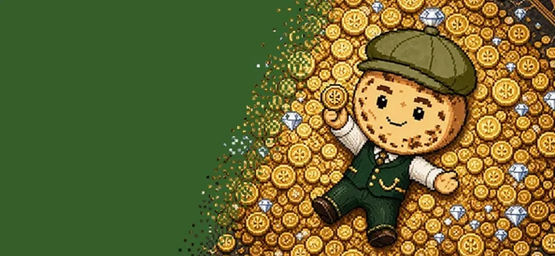 CrumBet uitbetaling, mascotte op een berg gouden munten